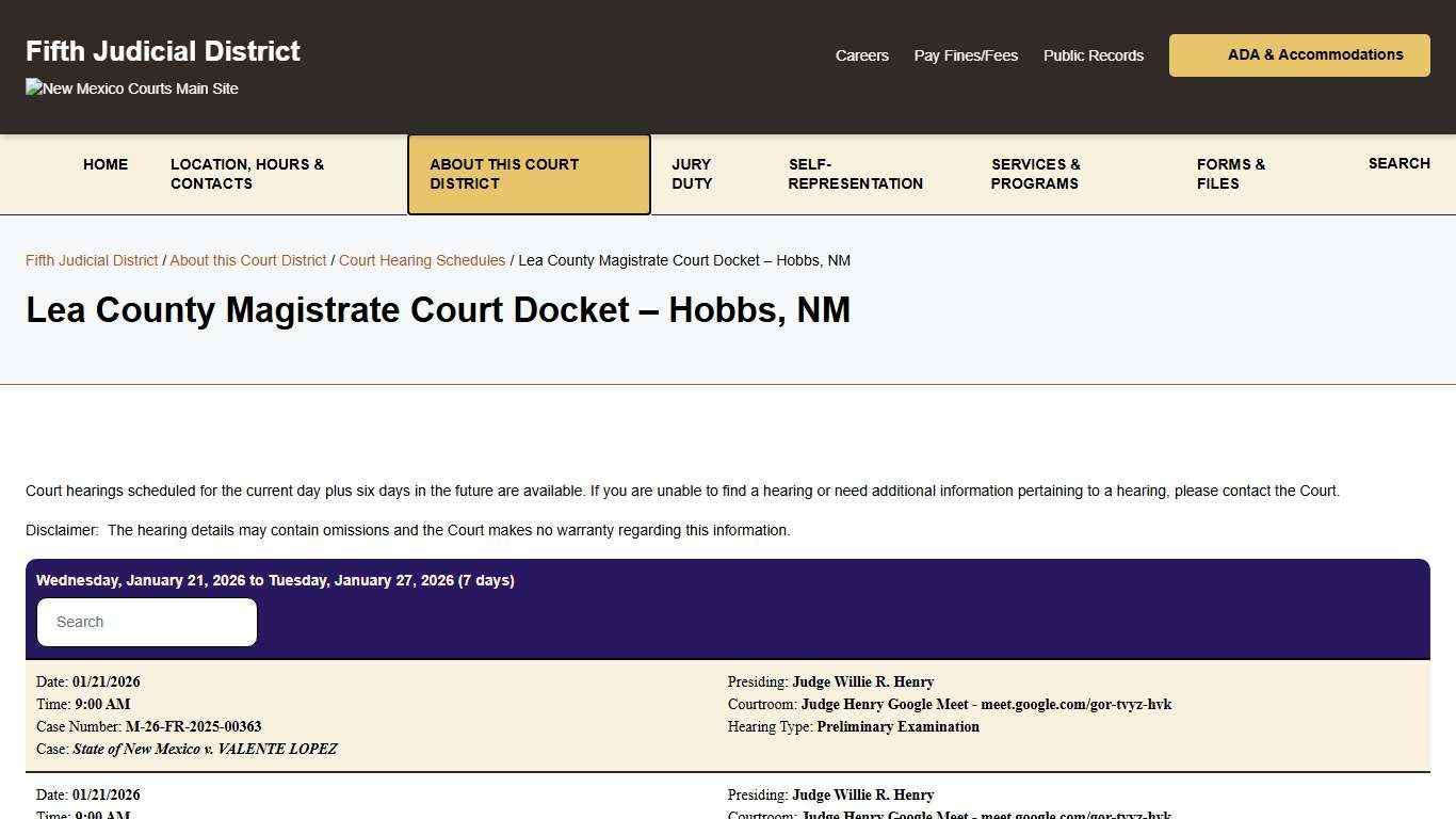 Lea County Magistrate Court Docket - Hobbs, NM - Fifth Judicial District